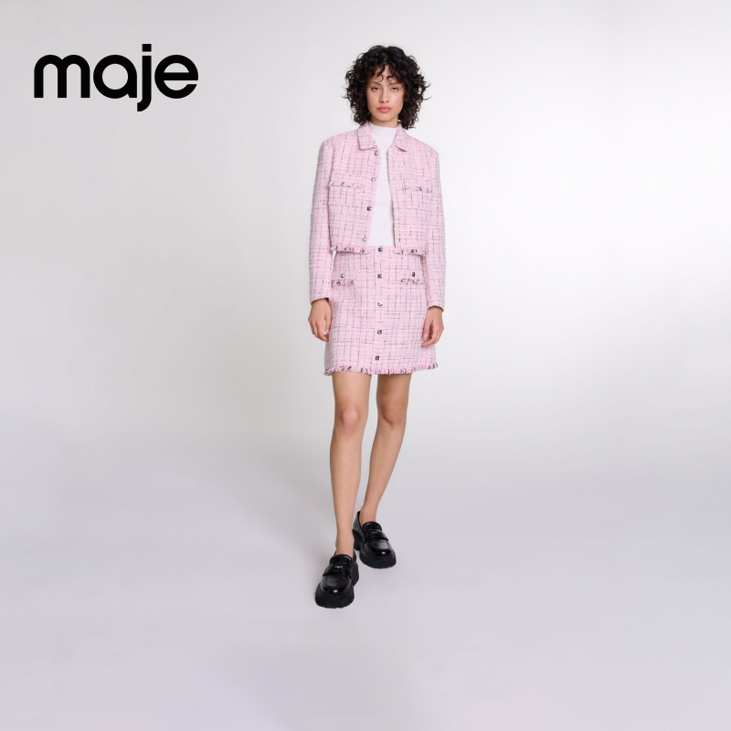 Maje女装千金风时尚气质甜美粉色格纹花呢短款外套上衣MFPVE00596