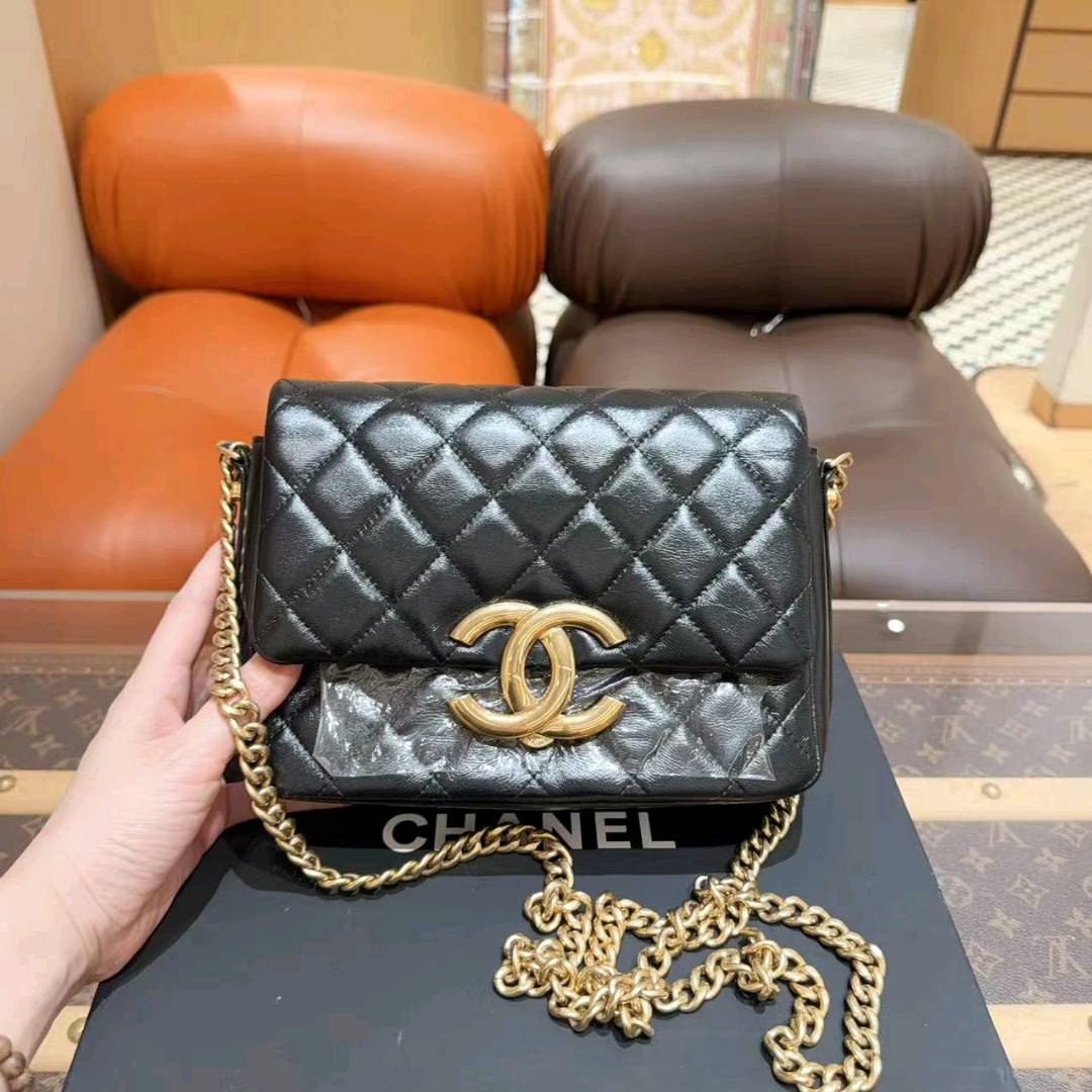 99新 Chanel/香奈儿 23P黑金大LOGO方胖子单肩斜挎链条包！工价4w