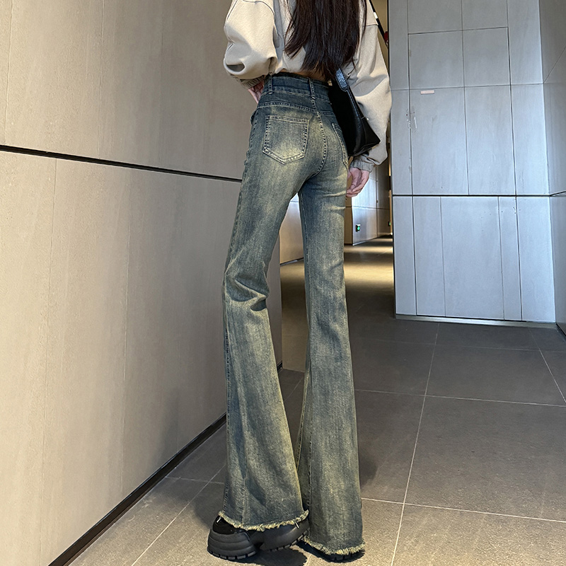 美式微喇牛仔裤女高腰弹力黄泥染毛边辣妹拖地显瘦女夏季喇叭裤