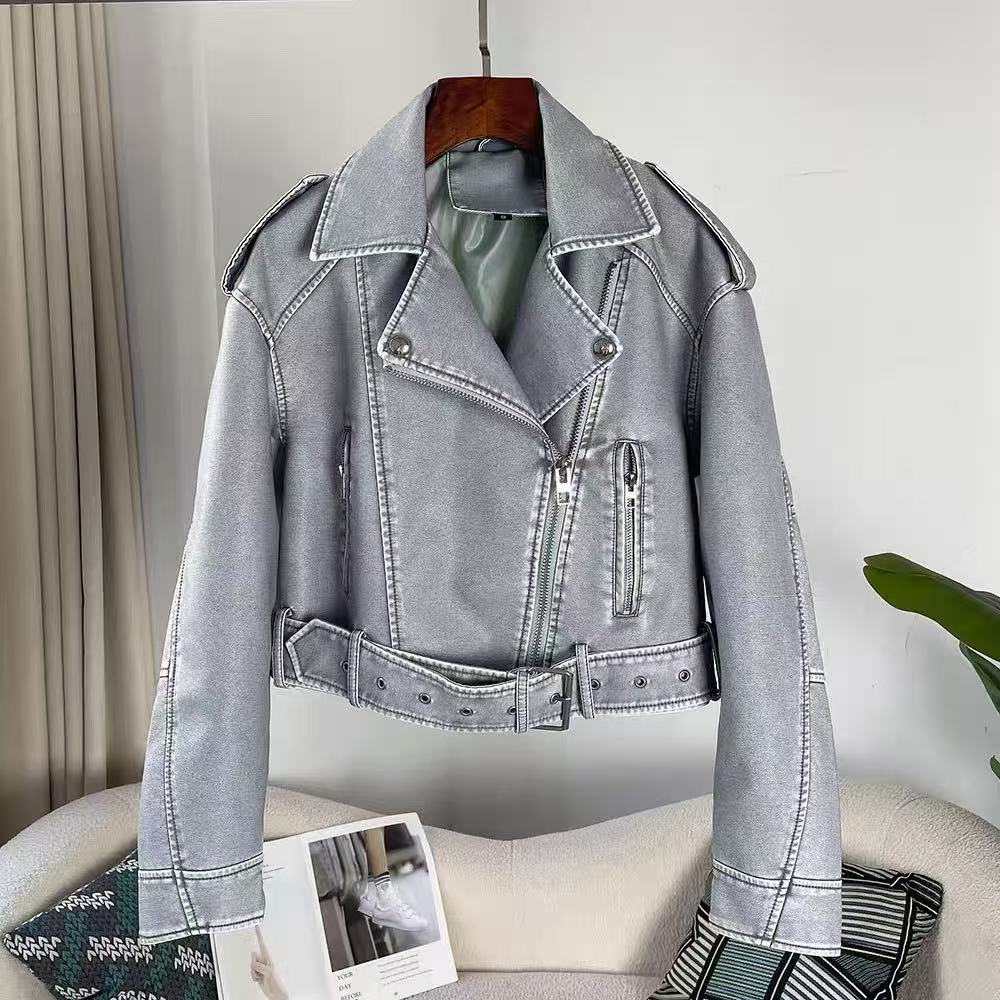 01-水洗春季短款常规翻领标准皮衣女士灰色气质休闲上衣+领带