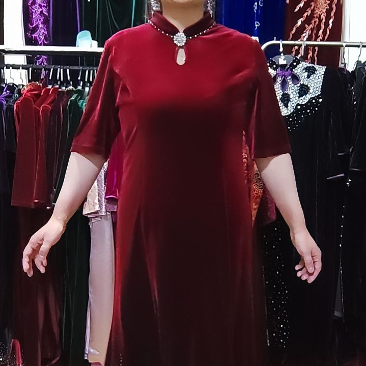 阳***媚酒红色金丝绒半袖长款礼服鱼尾裙前开叉2XL