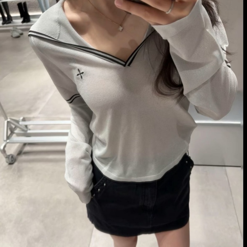 未来星空银针织帽运动简约长袖套头V领针织衫防晒衣夏25年