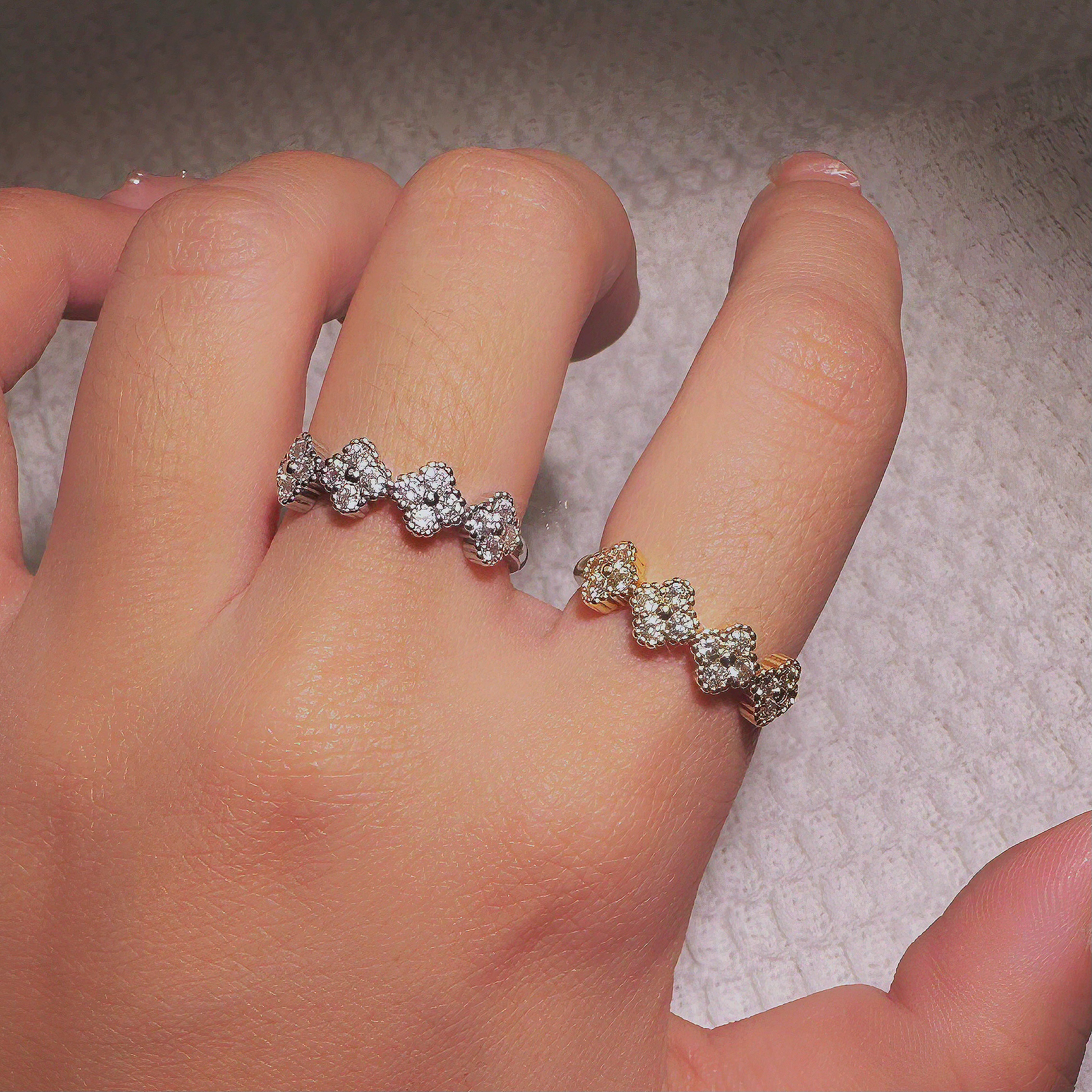 合金合成锆石戒指 四朵花花 四叶草戒指精致百搭开口戒