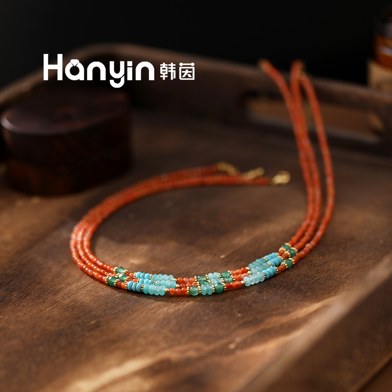48cm/2mm手工满串红玛瑙复古绿算盘珠项链