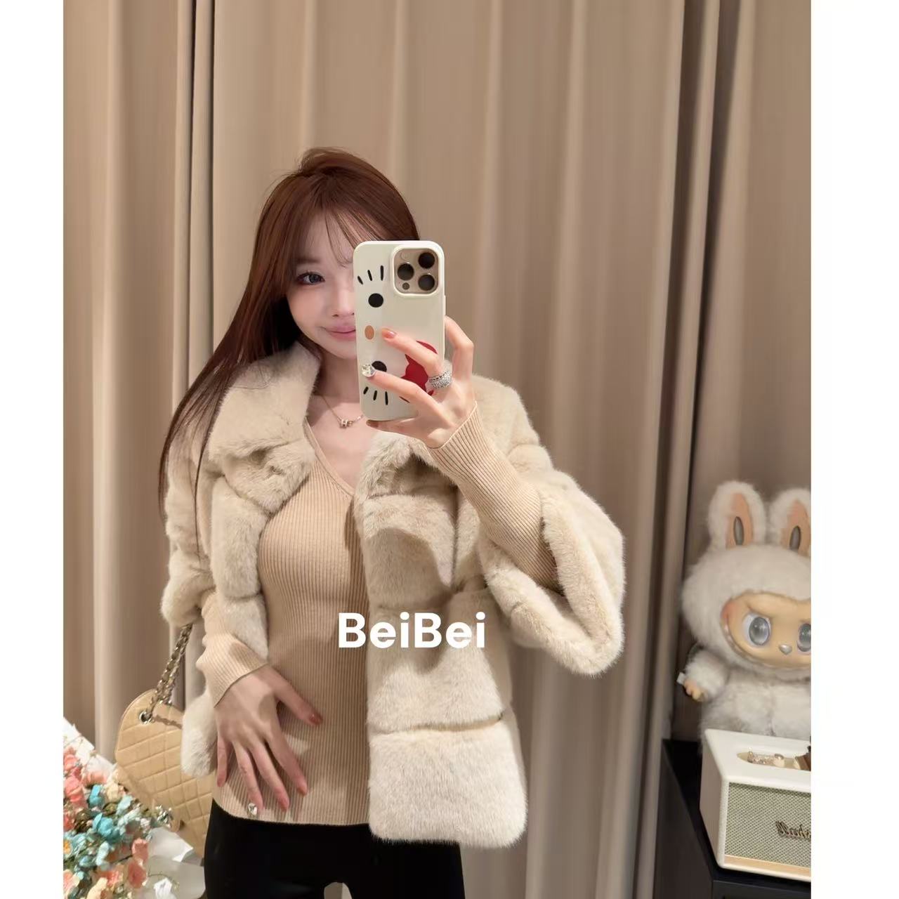 Beibei【美人骨】九分袖仿水貂毛毛外套奶茶色翻领短款气质外套
