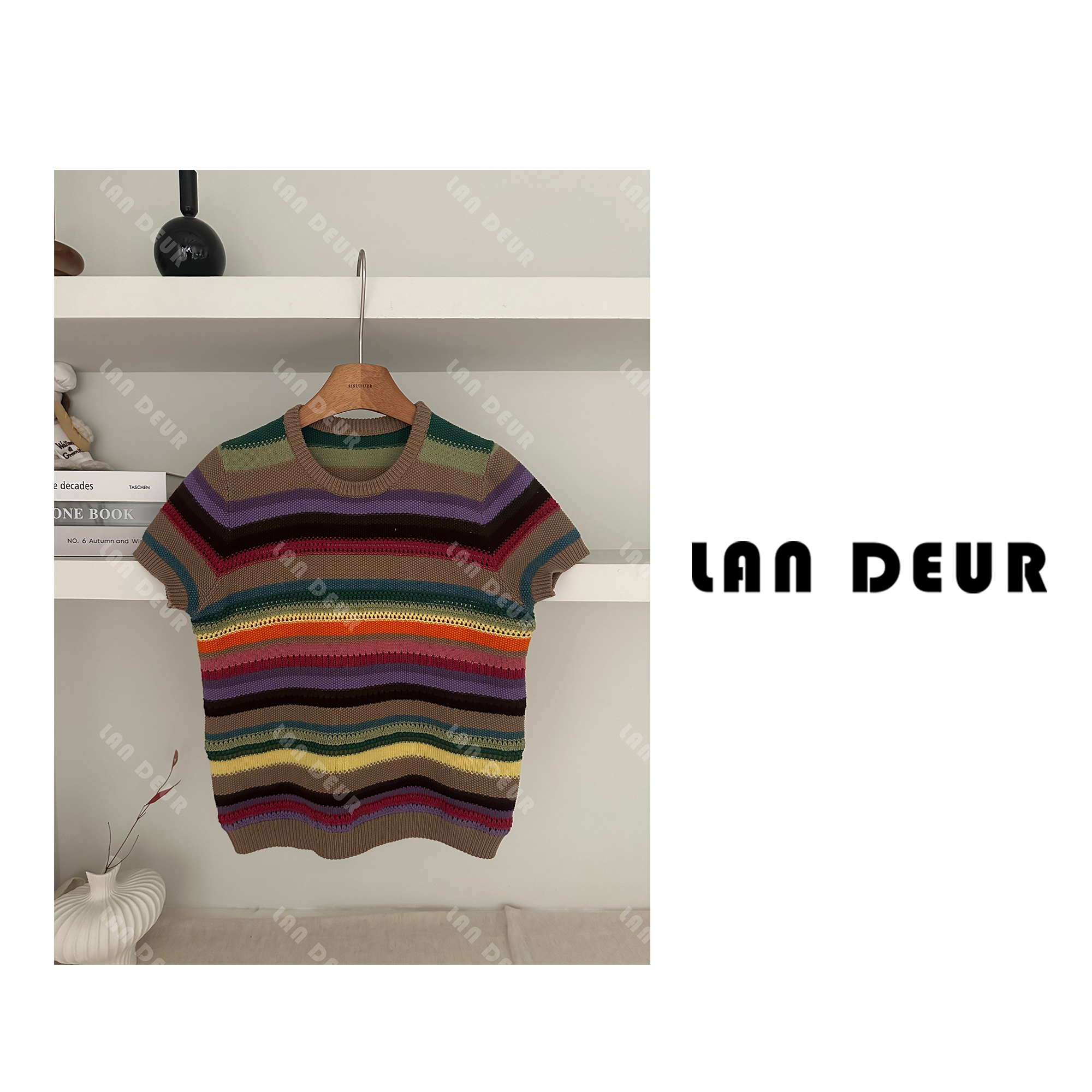 JIUJIU【夏日有约】修身版撞色条纹短袖针织衫百搭圆领休闲上衣