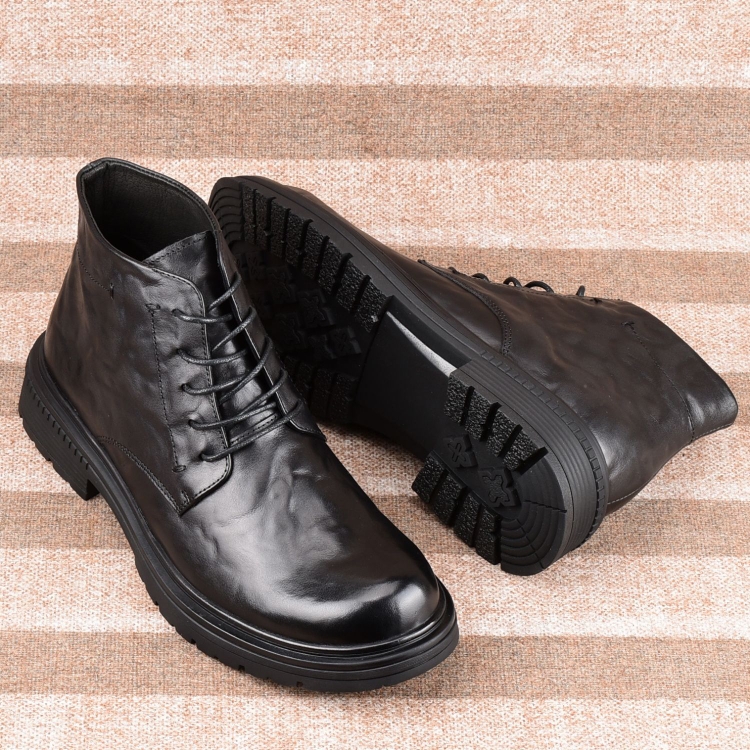 男士真皮马丁靴休闲时尚短靴圆头中帮黑色平底潮流靴子男