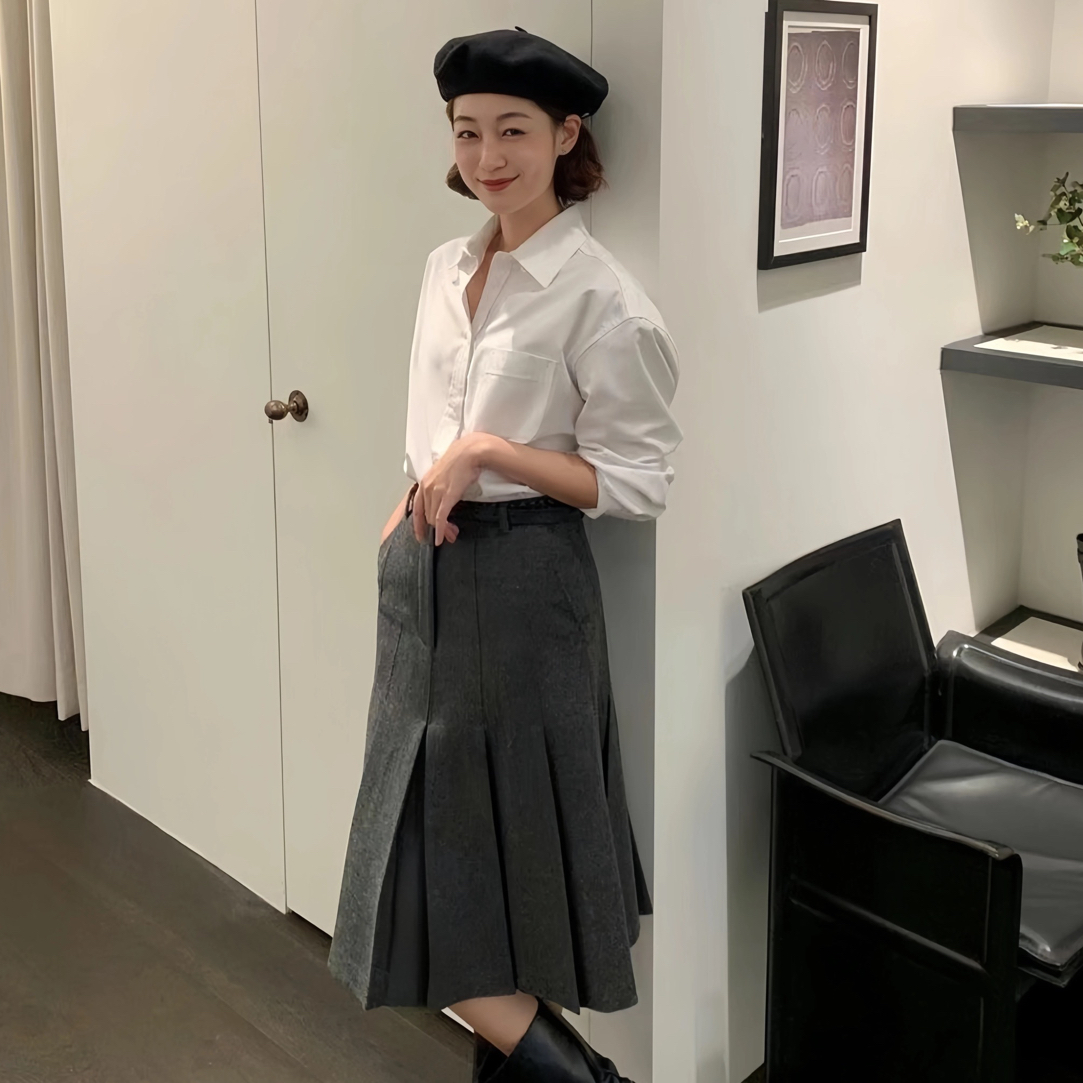 韩国25年清仓/福HOWU*后背系扣条纹衬衫女宽松复古学院风长袖