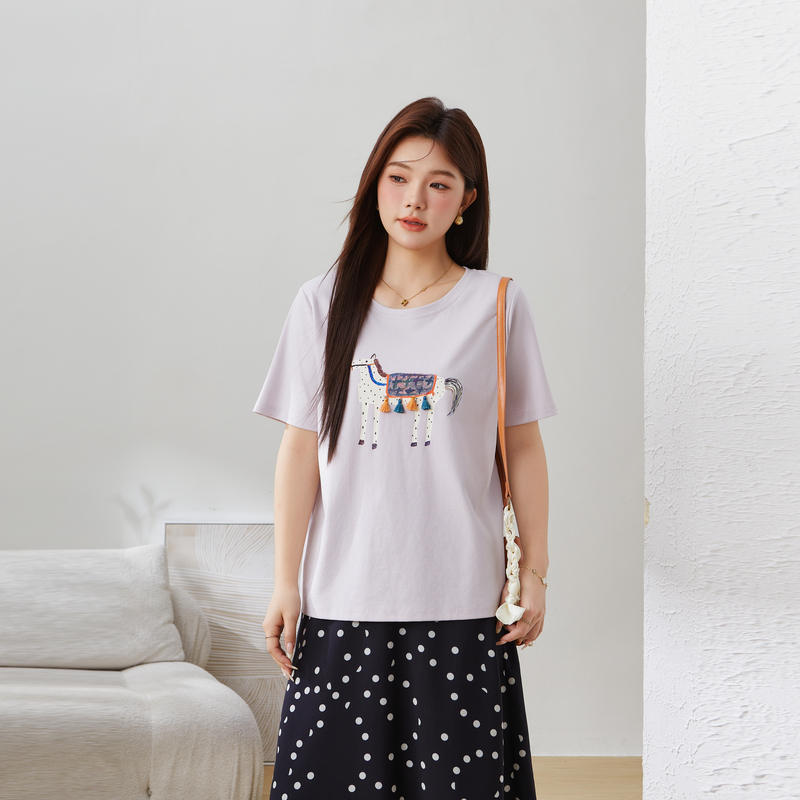 采多宝大码T恤女装设计感百搭3D印花针织上衣EXZ5069