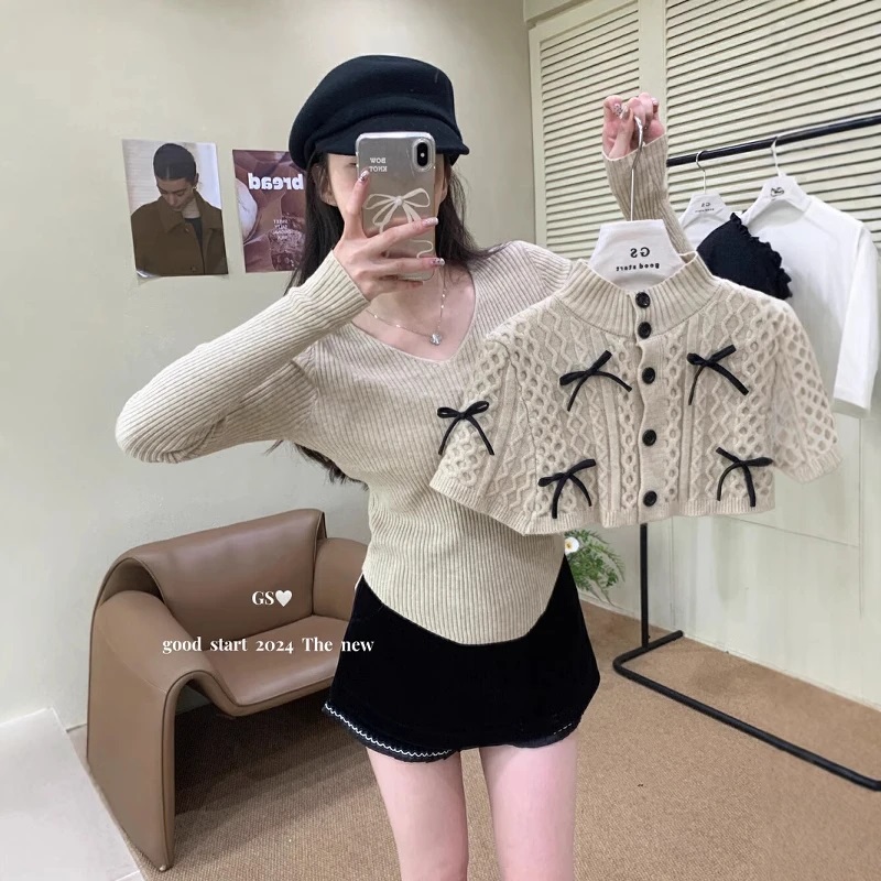 【梓薇推荐】蝴蝶结针织衫小众叠穿披肩上衣女冬季燕麦色修身毛衣