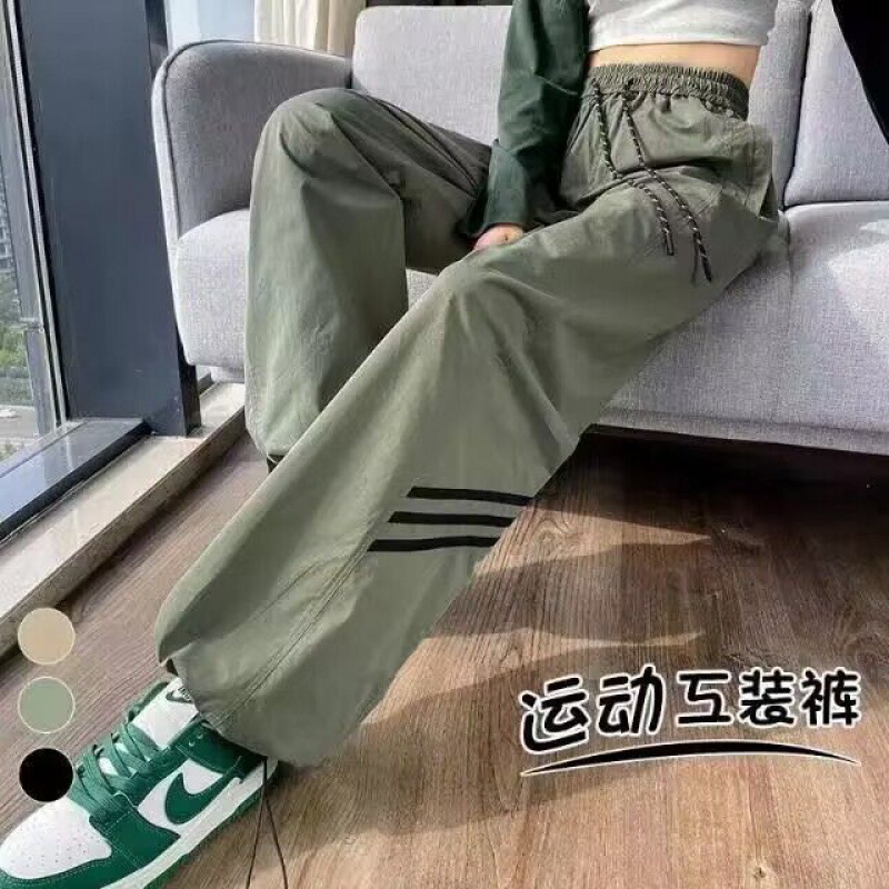 美式速干工装裤女2025夏黑色侧条杠束脚阔腿裤抽绳两穿休闲运动裤