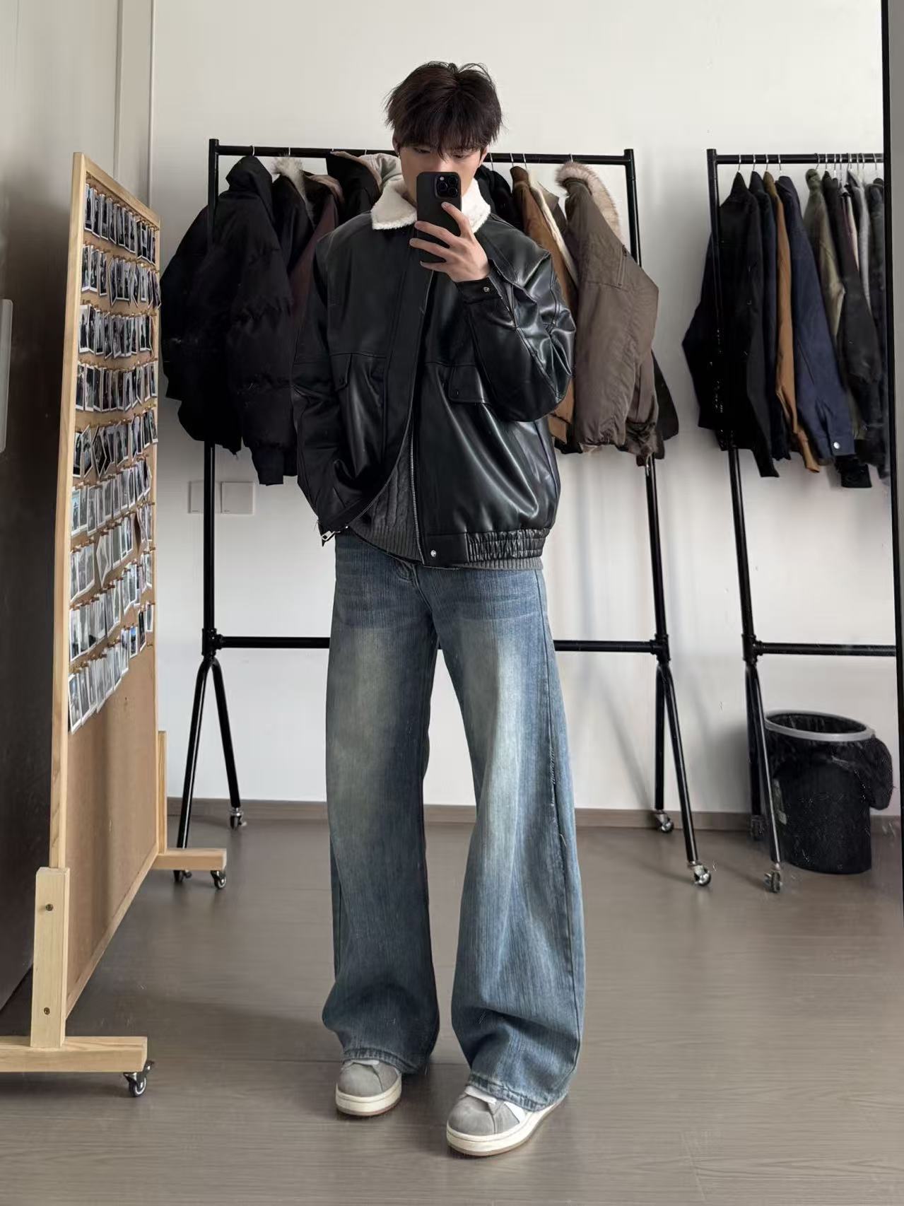 （懒猪）美式重磅羊羔绒翻领皮夹克棉服感拼接情侣皮棉衣