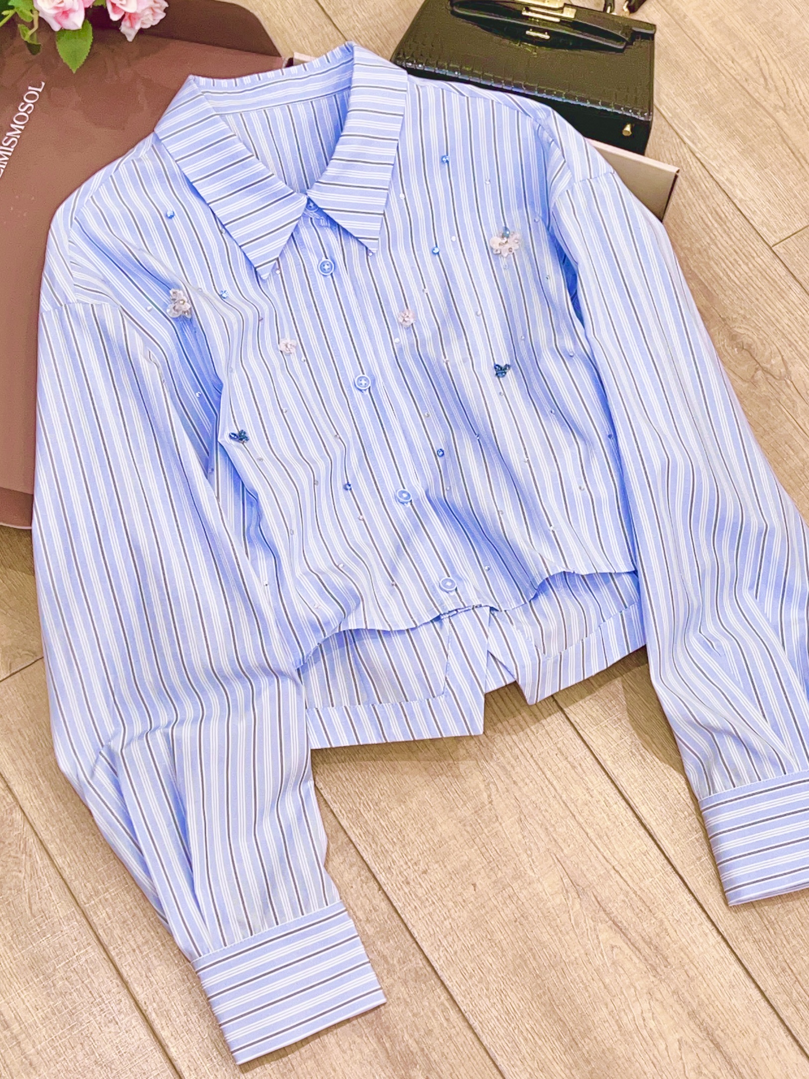 琳心丨夏季新款蓝色条纹钉珠印花长袖衬衫 0815