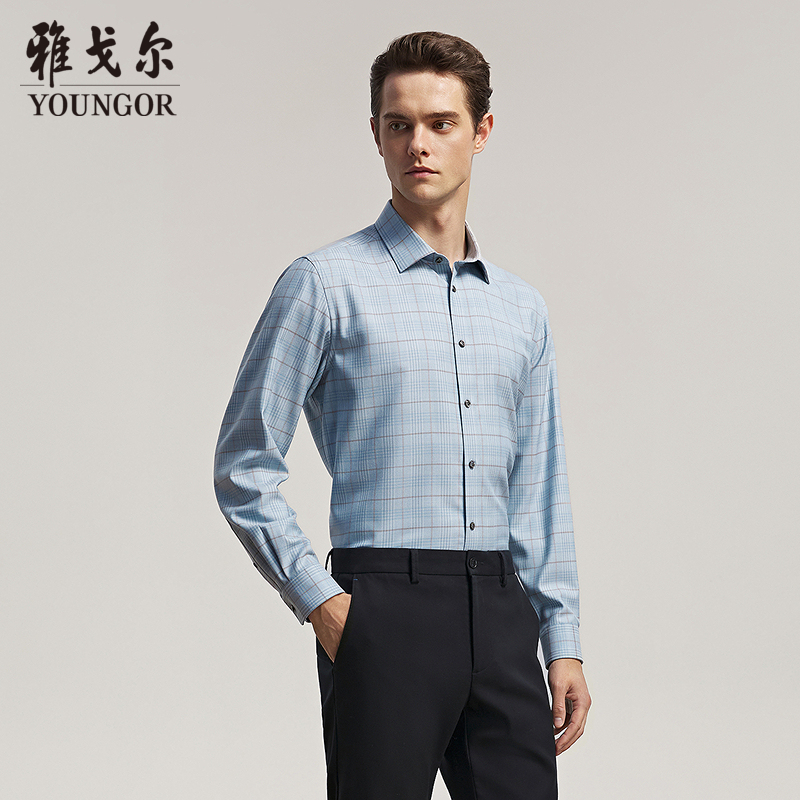 【40%绵羊毛可机洗】雅戈尔秋季男士格纹休闲易打理长袖衬衫119685