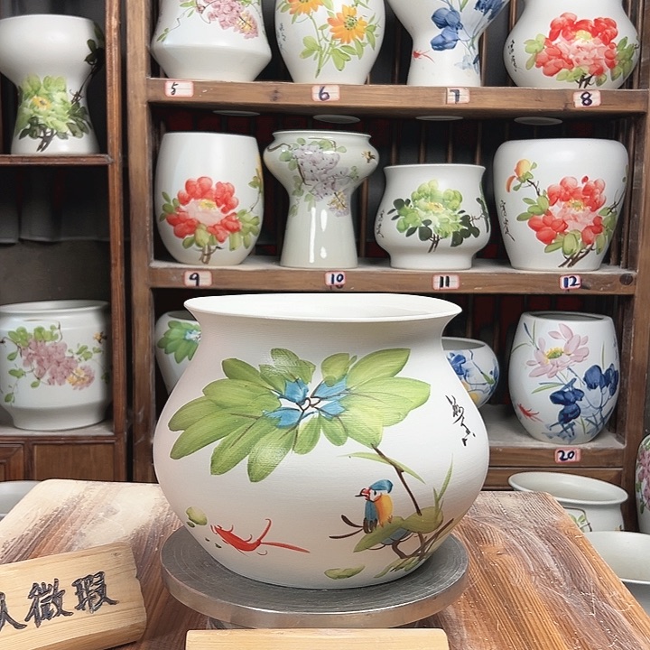 摆件钱袋子荷花鸟瓷新款陶瓷