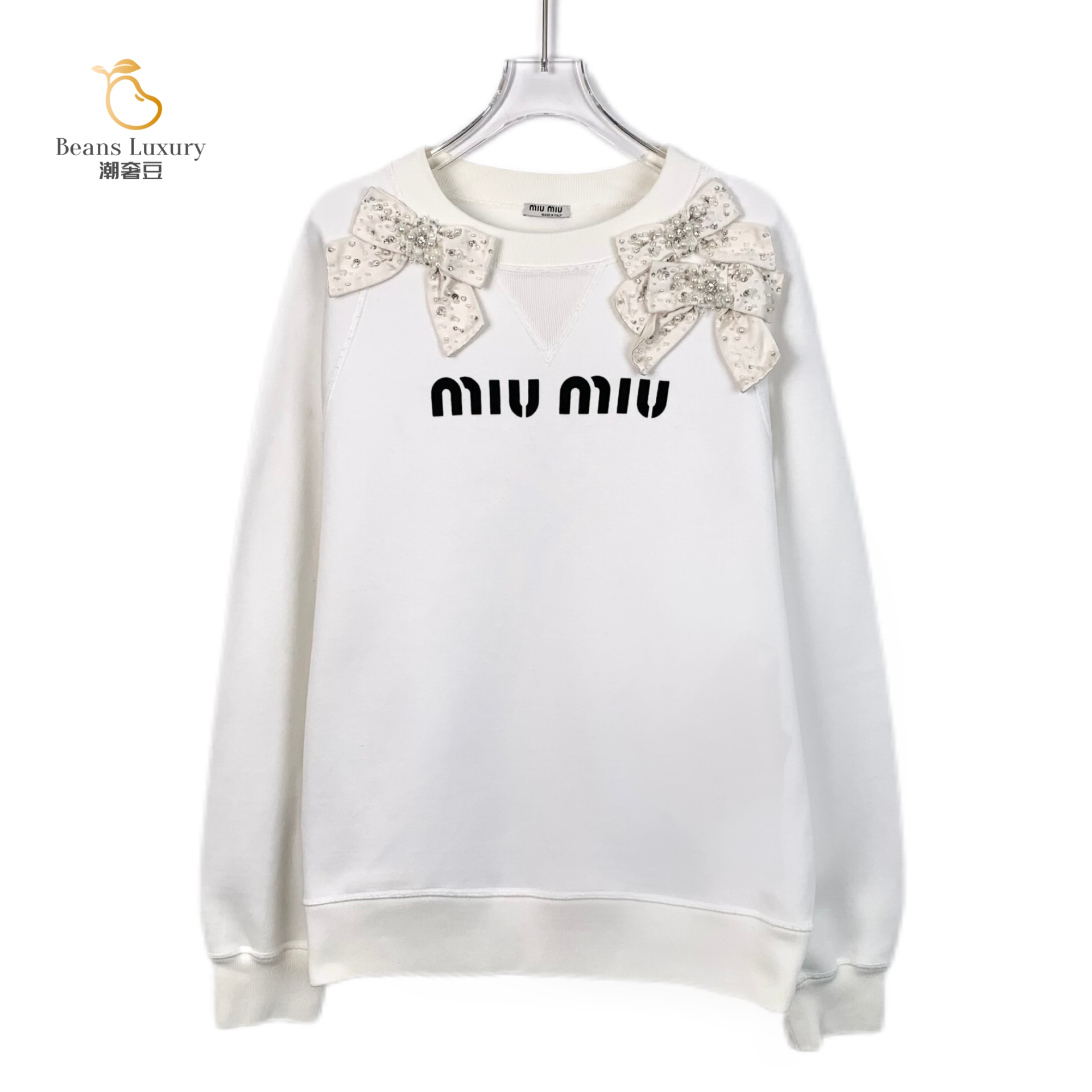 95新 MIU MIU/缪缪 潮奢豆 严选/白色蝴蝶结珠饰字母卫衣/H13532