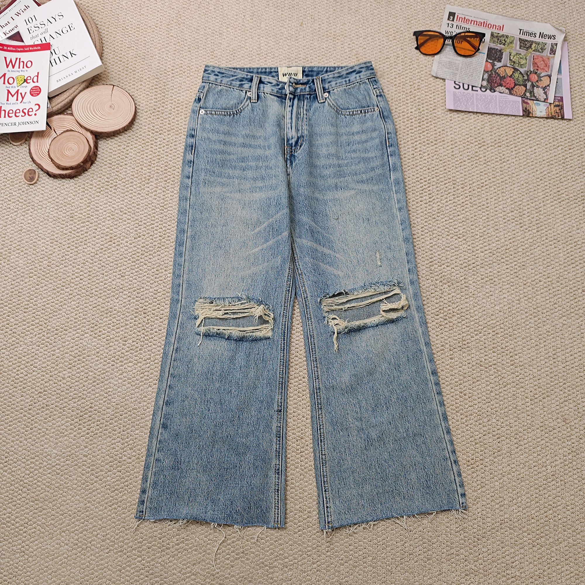 2025夏季新款做旧纯色破洞牛仔裤阔腿裤2093