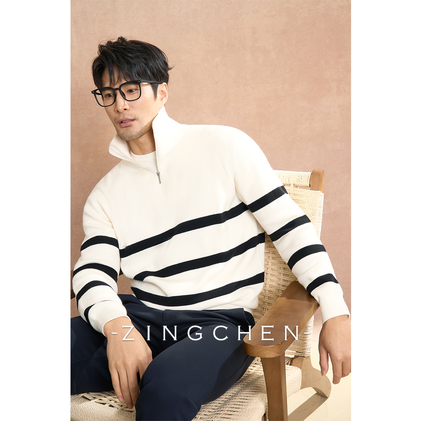 【优雅氛围感穿搭】ZINGCHEN拉链高领条纹毛衣翻领珠地廓形针织衫