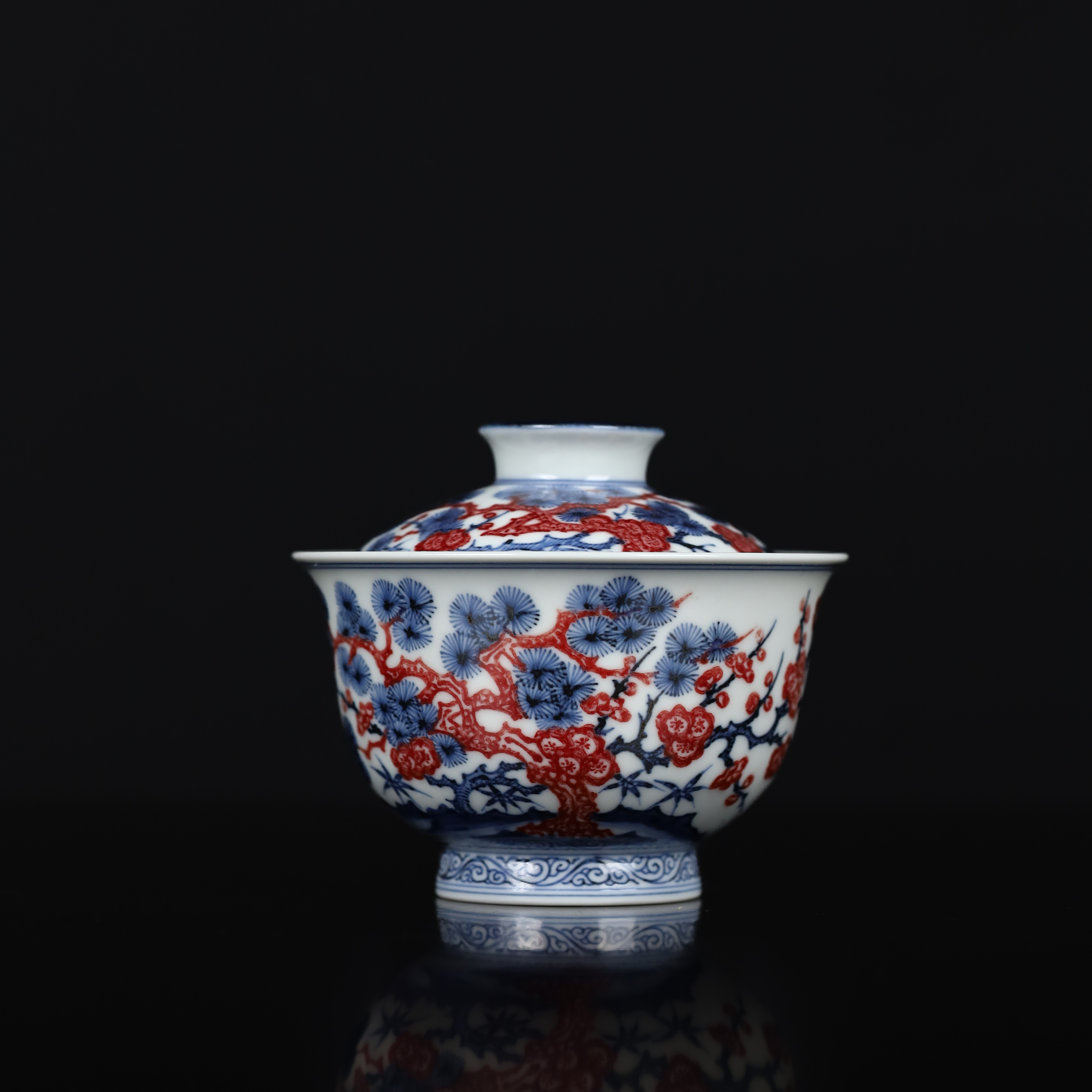 片雲晚谷片云晚谷青花釉里红松竹梅元宝盖碗