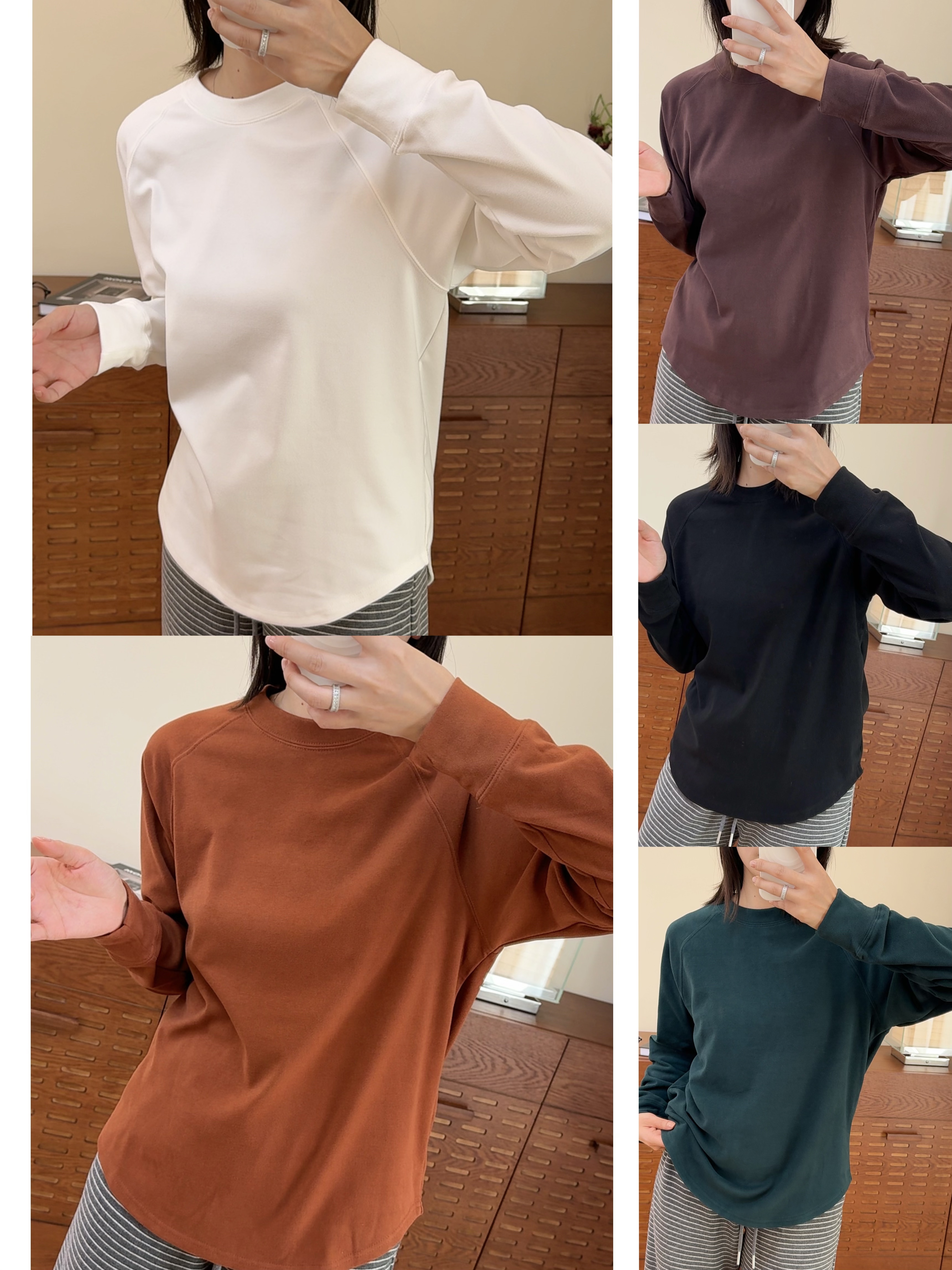 男女情侣纯色圆领长袖弧形下摆双面磨毛长袖打底衫 Z-322#W51837