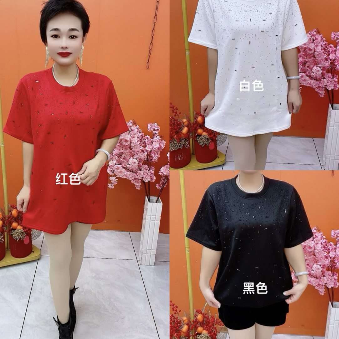 韩版重工烫钻圆领短袖宽松显瘦中长款休闲T恤（春秋款）