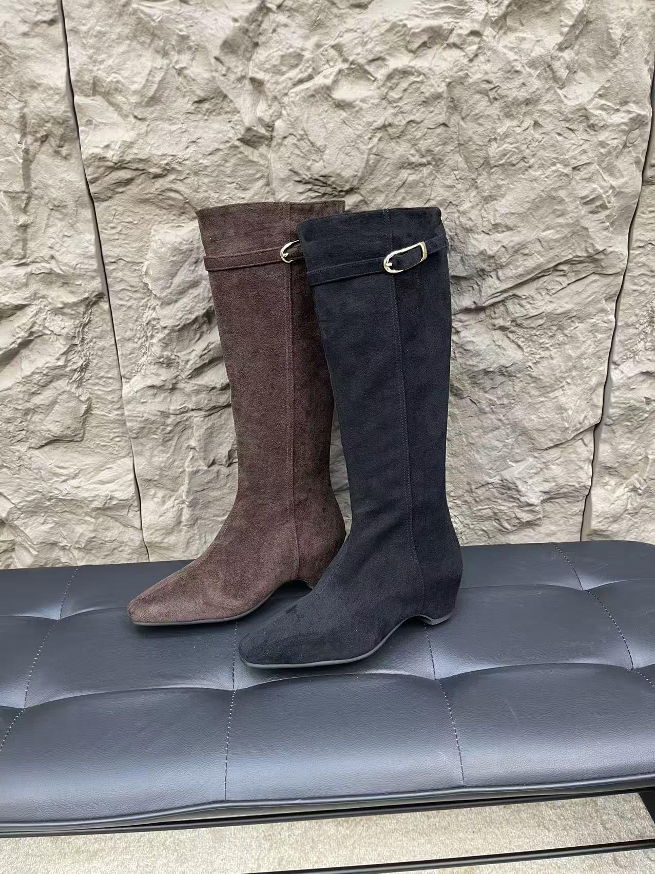 新款复古方头长筒瘦瘦靴高级质感显高增高7厘米金扣