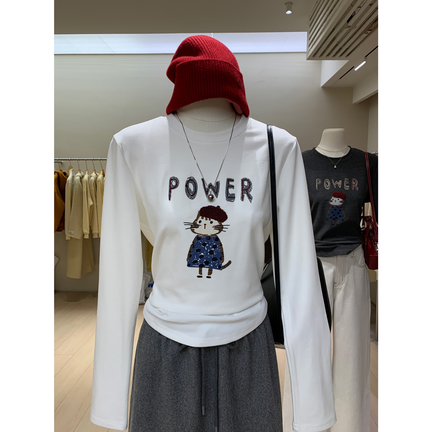 自留可爱立体毛绒帽子小猫印花长袖圆领t恤巨软糯磨毛厚款打底衫