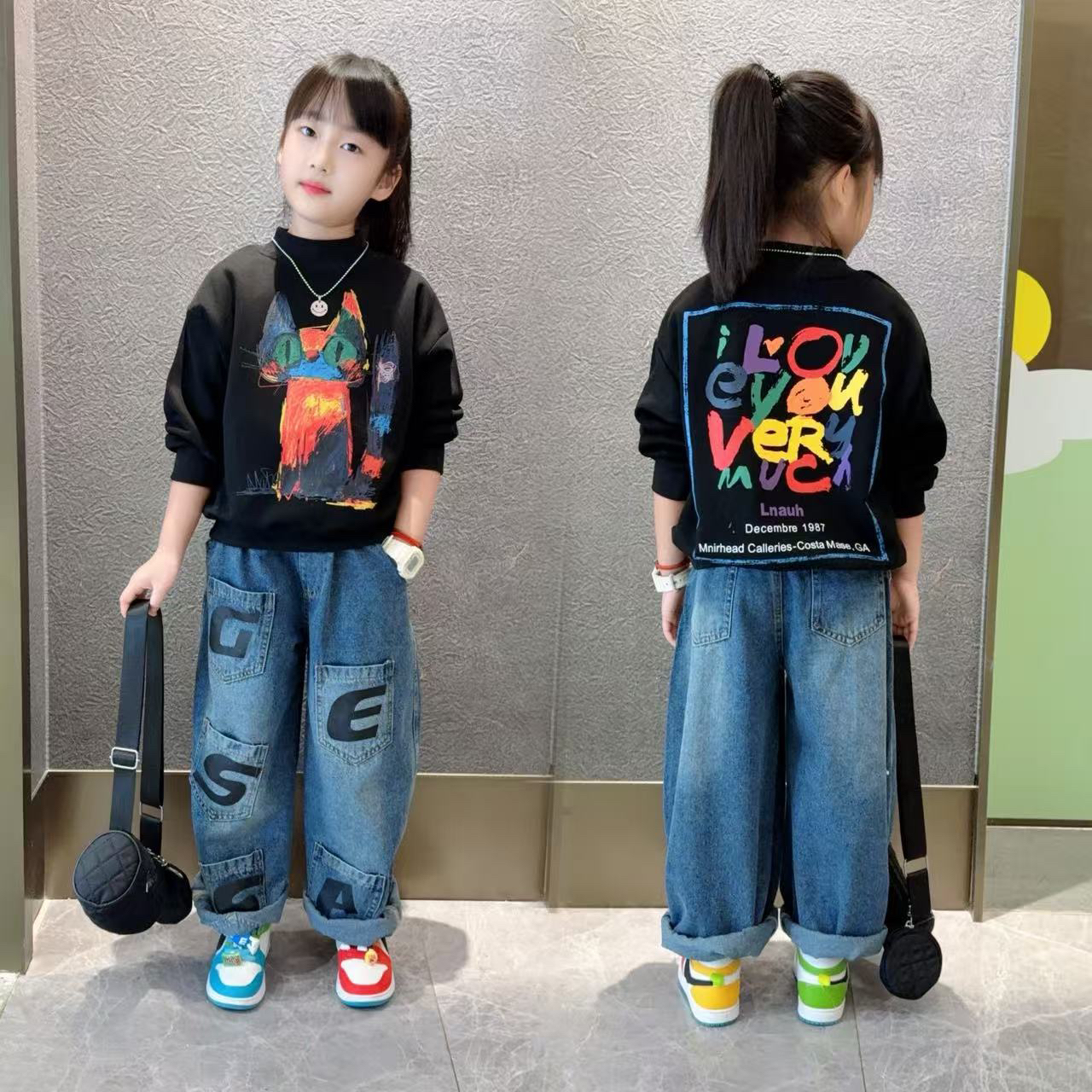 女童卫衣套装春秋2025新款女孩洋气百搭中大儿童卫衣牛仔裤两件套