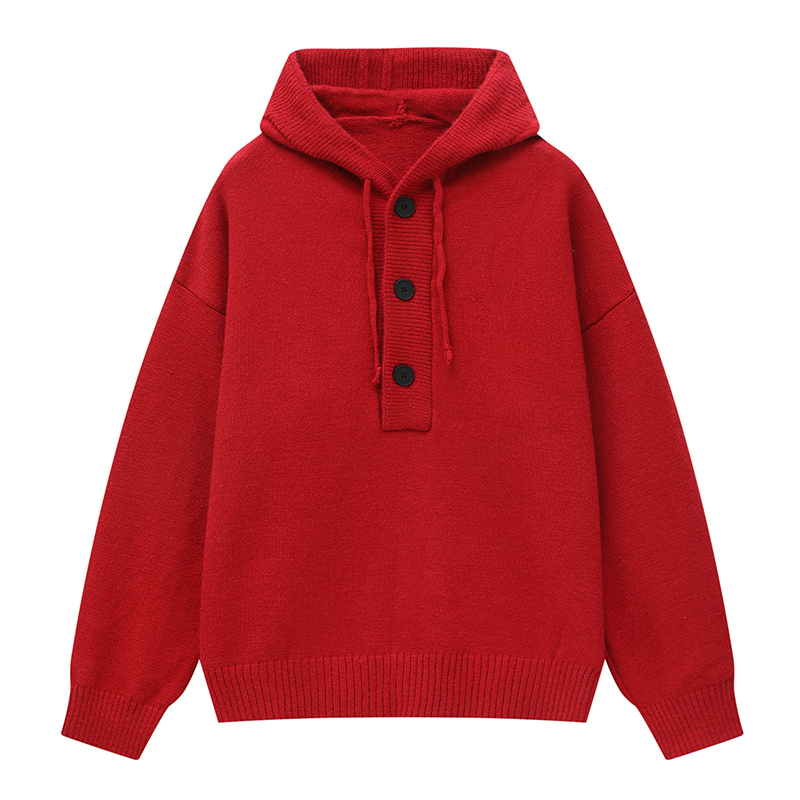 【富富】新年红高品质冬季大码毛衣重磅连帽纽扣半开毛时尚百搭舒适