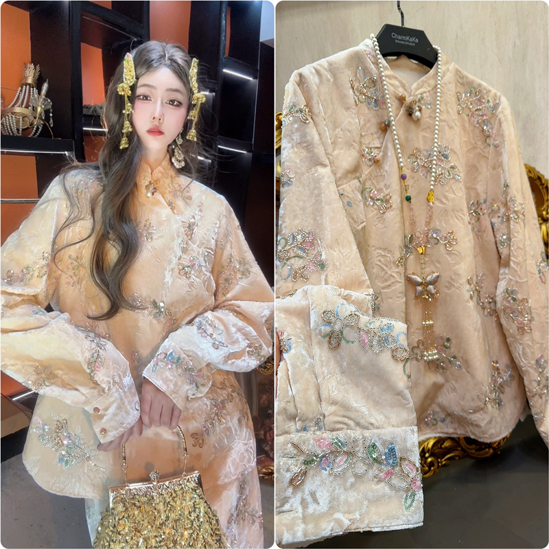 【慕枝南下】64100优雅杏串珠上衣女新中式上衣国风打底衫胖MM