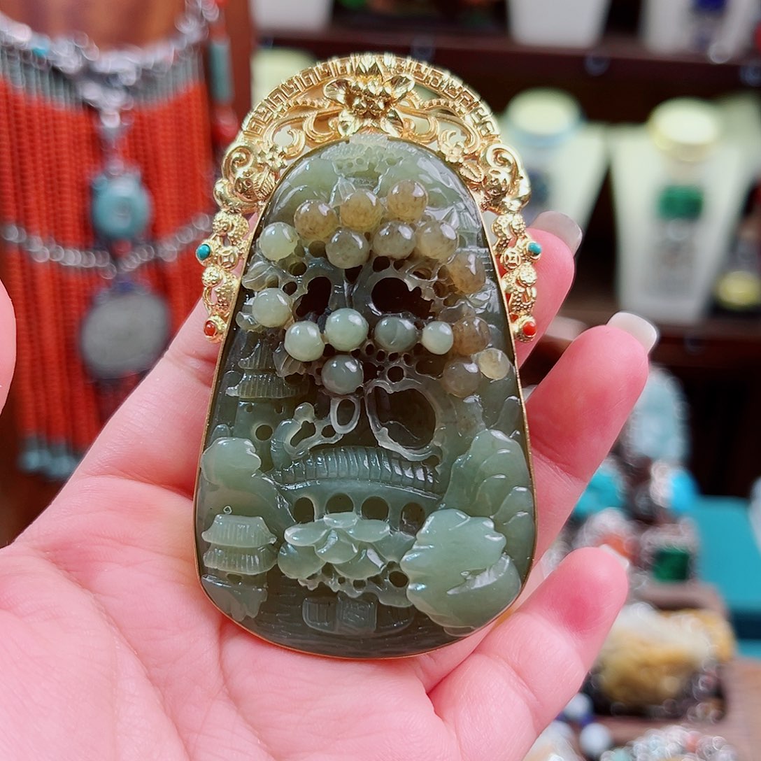 和田玉银S925镶嵌颈饰国风