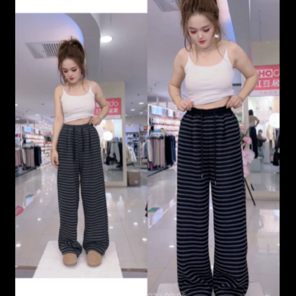 2025新款亲子款仿兔毛条纹两用脚口直筒长裤高腰显瘦一条过冬