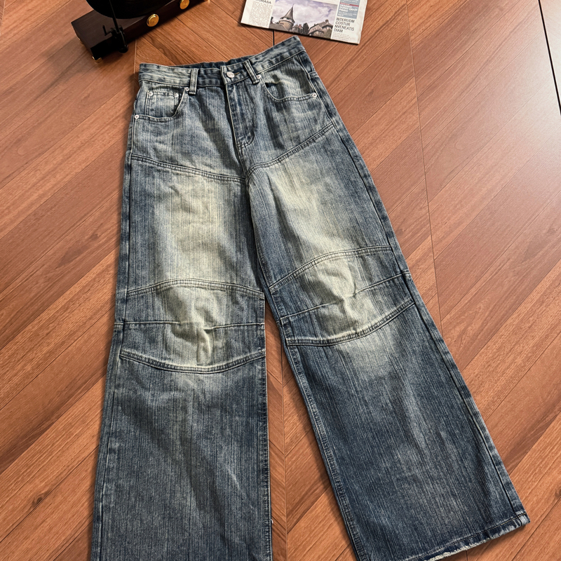 Way Of Mind「吴镇宇同款」巴黎竹节纹解构褶皱阔腿做旧牛仔裤