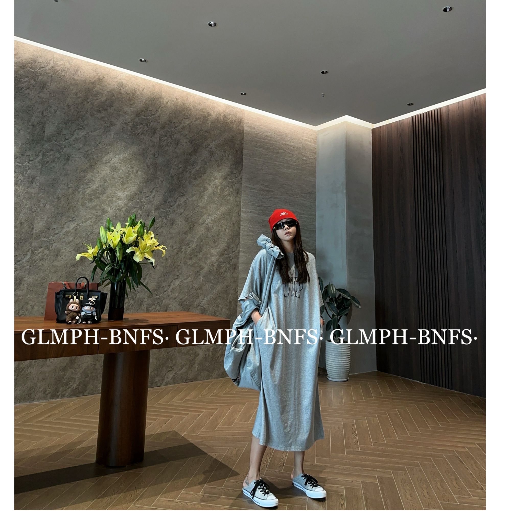 GLMPH-BNFS【巴黎VIP】简约小众印花气质圆领短袖长款连衣裙-967
