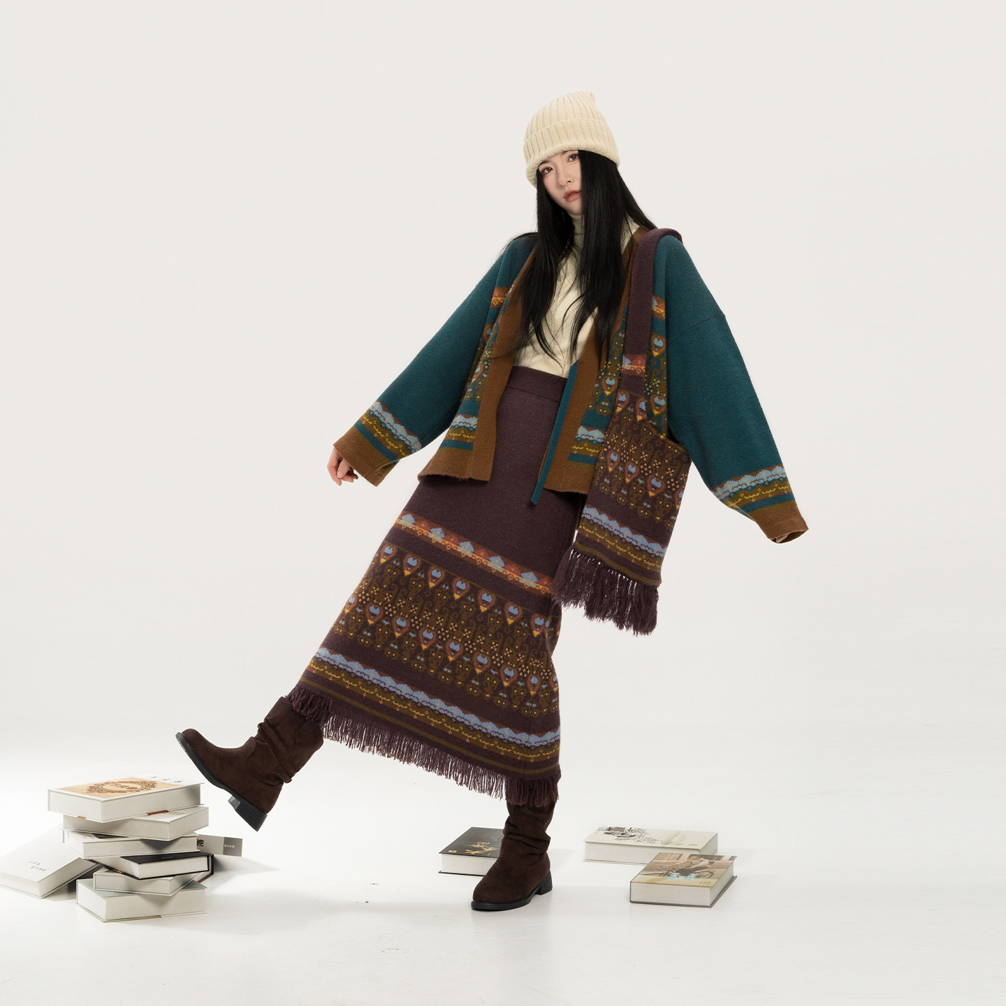 织造司[牧诗]国风毛衣开衫外套女2025新款针织高领打底衫半身裙子