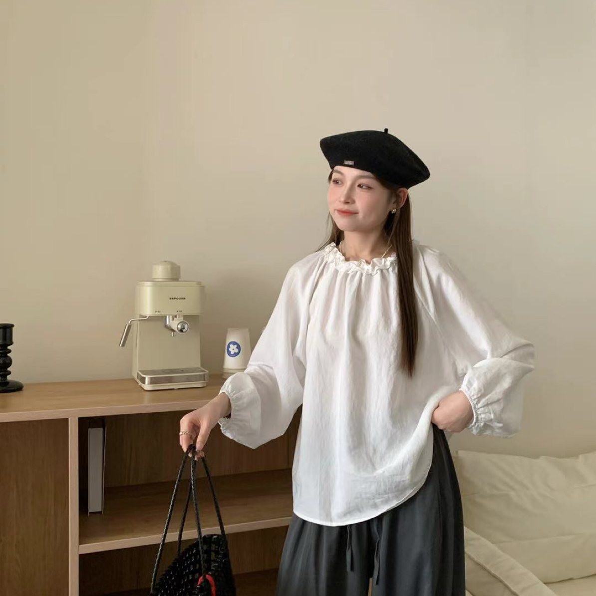 秋季长袖裱花领衬衫休闲时尚甜美千金减龄感百搭上衣