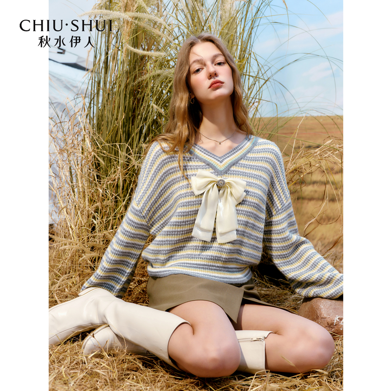 【大可专属】秋水伊人甜美蝴蝶结条纹毛衣秋装女新款宽松V领