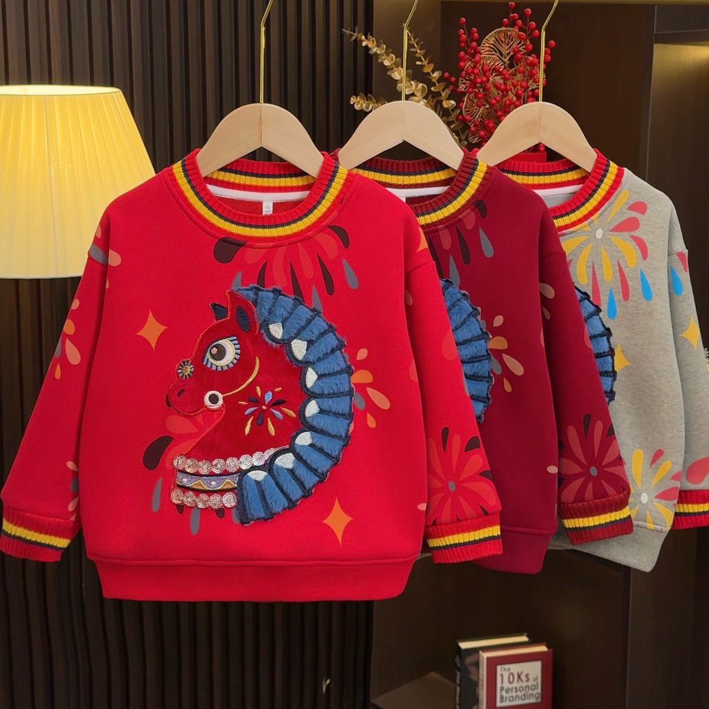 儿童重工贴布刺绣拜年服冬款民族风男童加绒中大童拼接卫衣5576