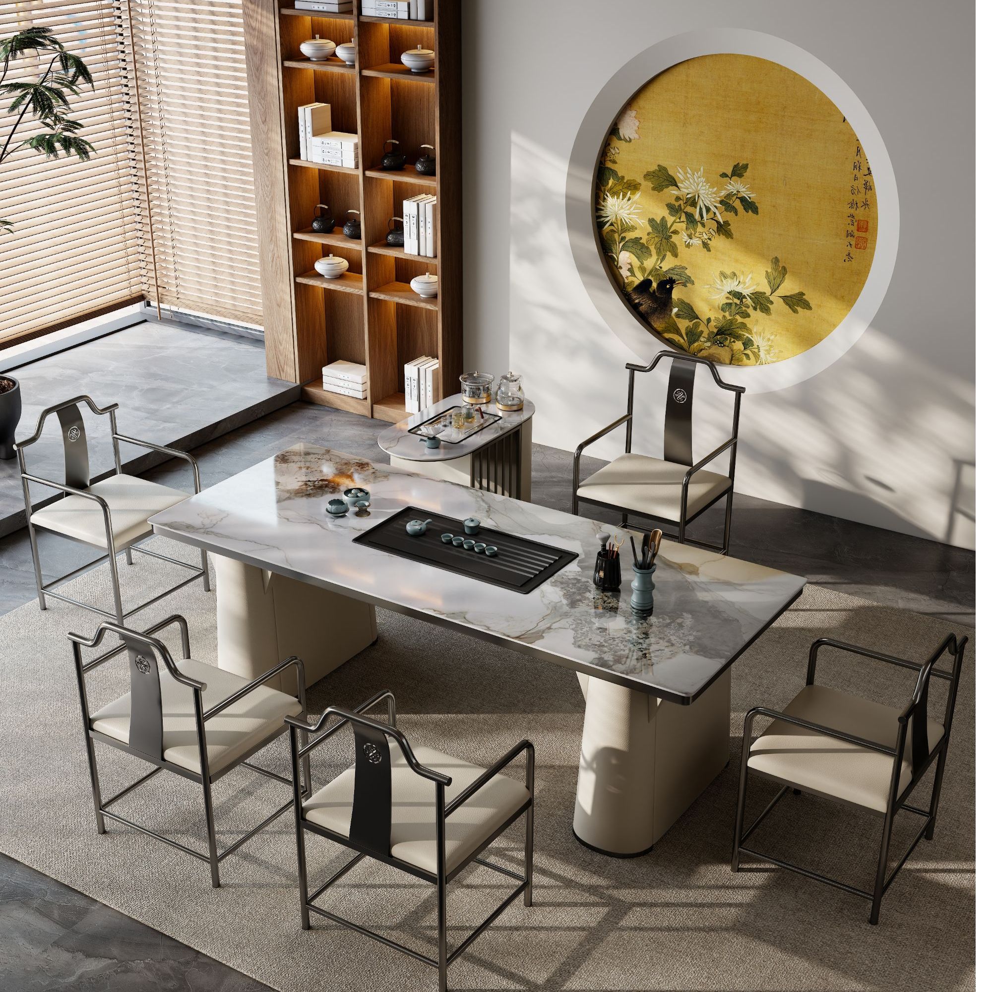 意式轻奢高端奢石岩板茶桌设计办公室茶台客厅大板茶桌椅泡茶组合