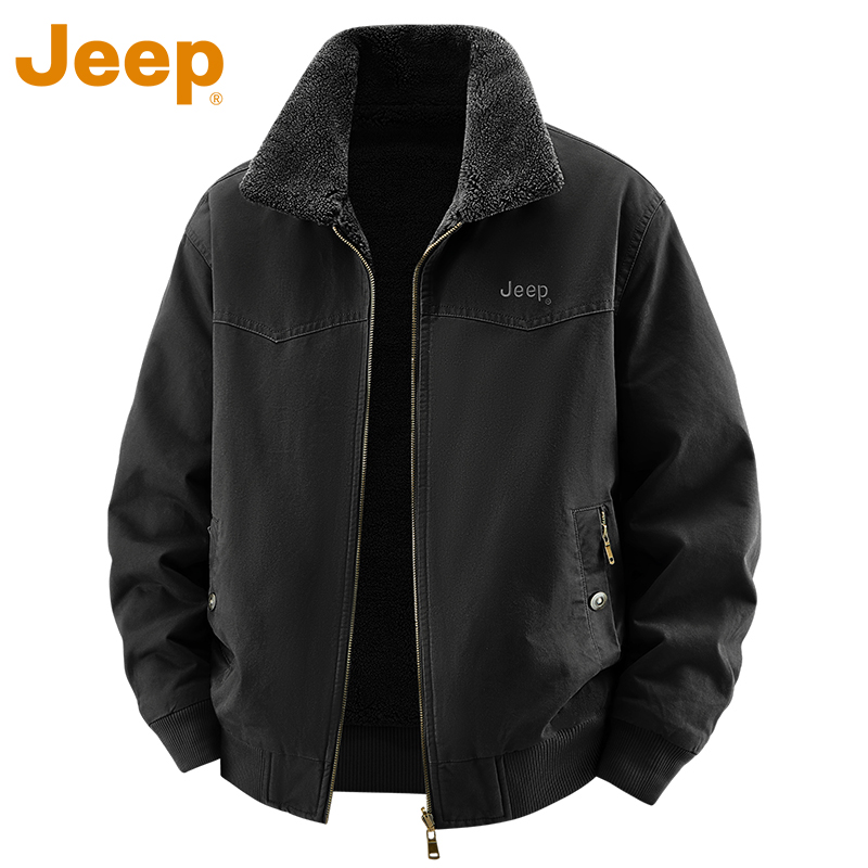 JEEP吉普高端纯棉工装夹克男士冬季加厚保暖羊羔绒翻领防风外套男