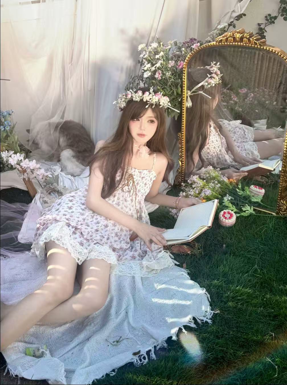 古着复刻夏季蕾丝显瘦吊带碎花苞裙甜美少女小众风