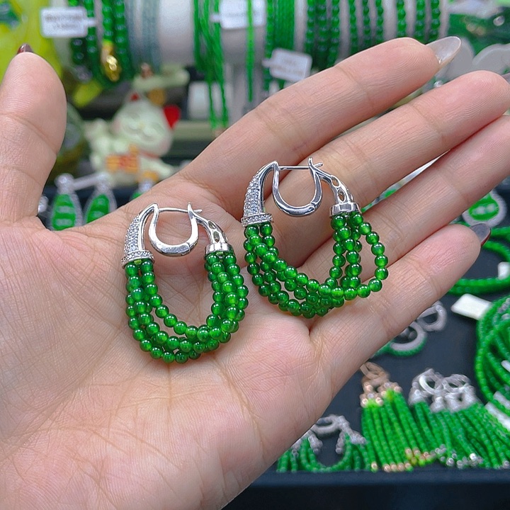 翡翠耳饰银S925镶嵌圆珠耳环3