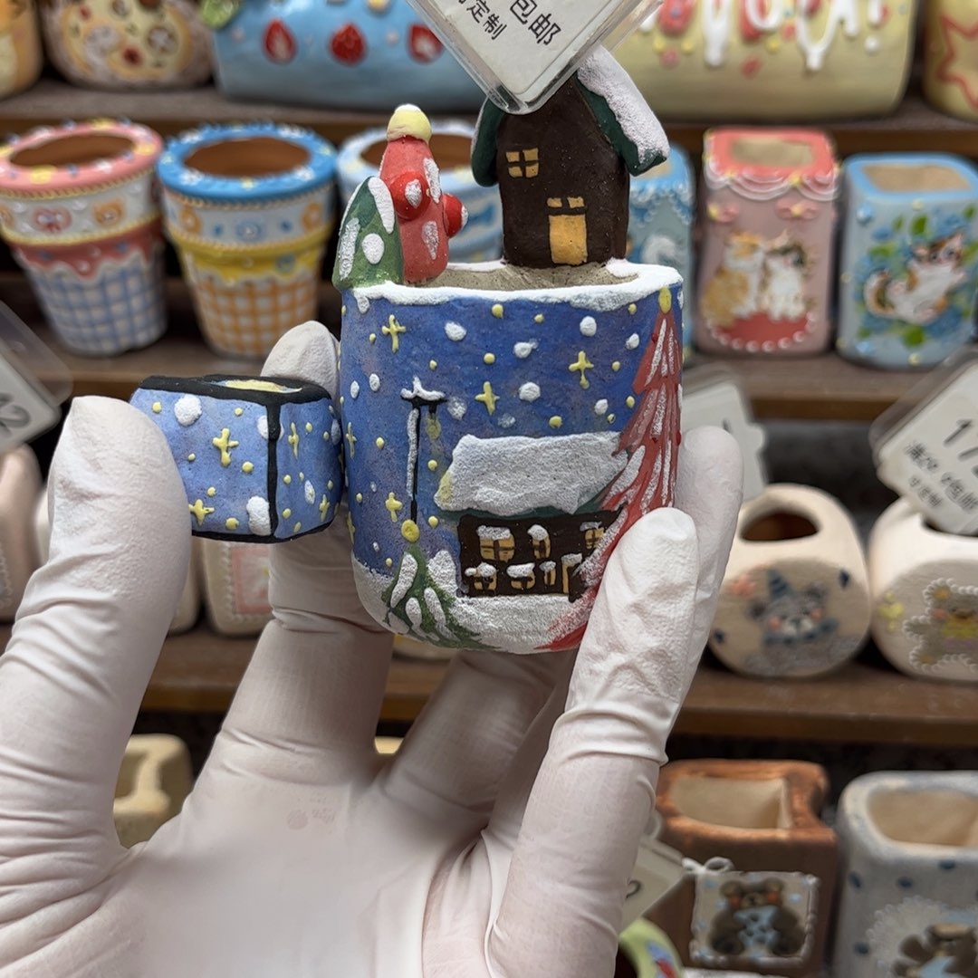 夏***蝶190雪景花盆手绘花盆