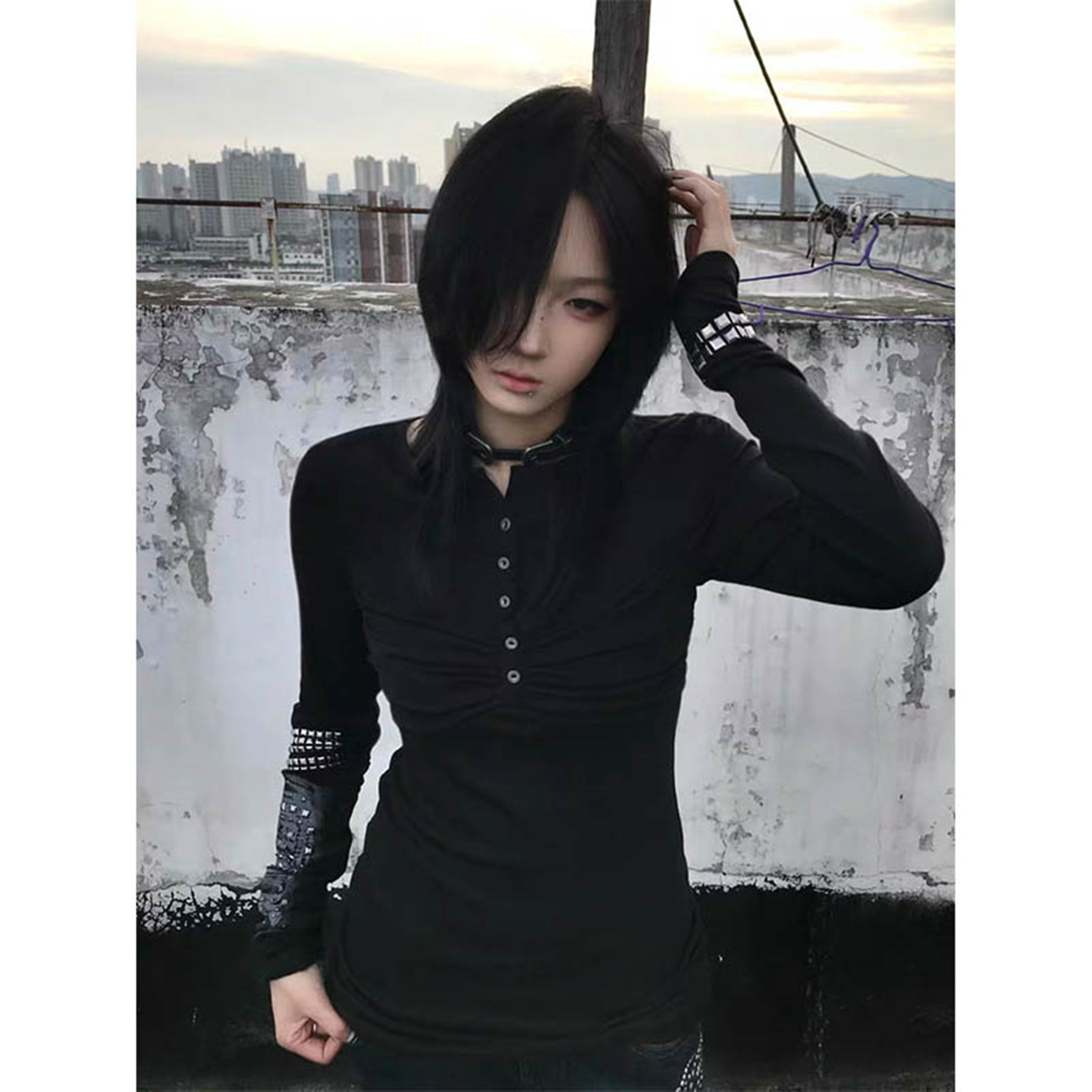 美式复古铆钉臂环烫钻上衣女y2k轻亚朋克半开领内搭长袖t恤打底衫
