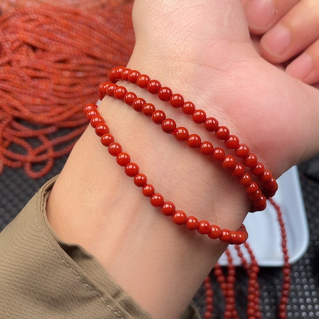 玛瑙/玉髓未镶嵌4mm柿子红圆珠三圈