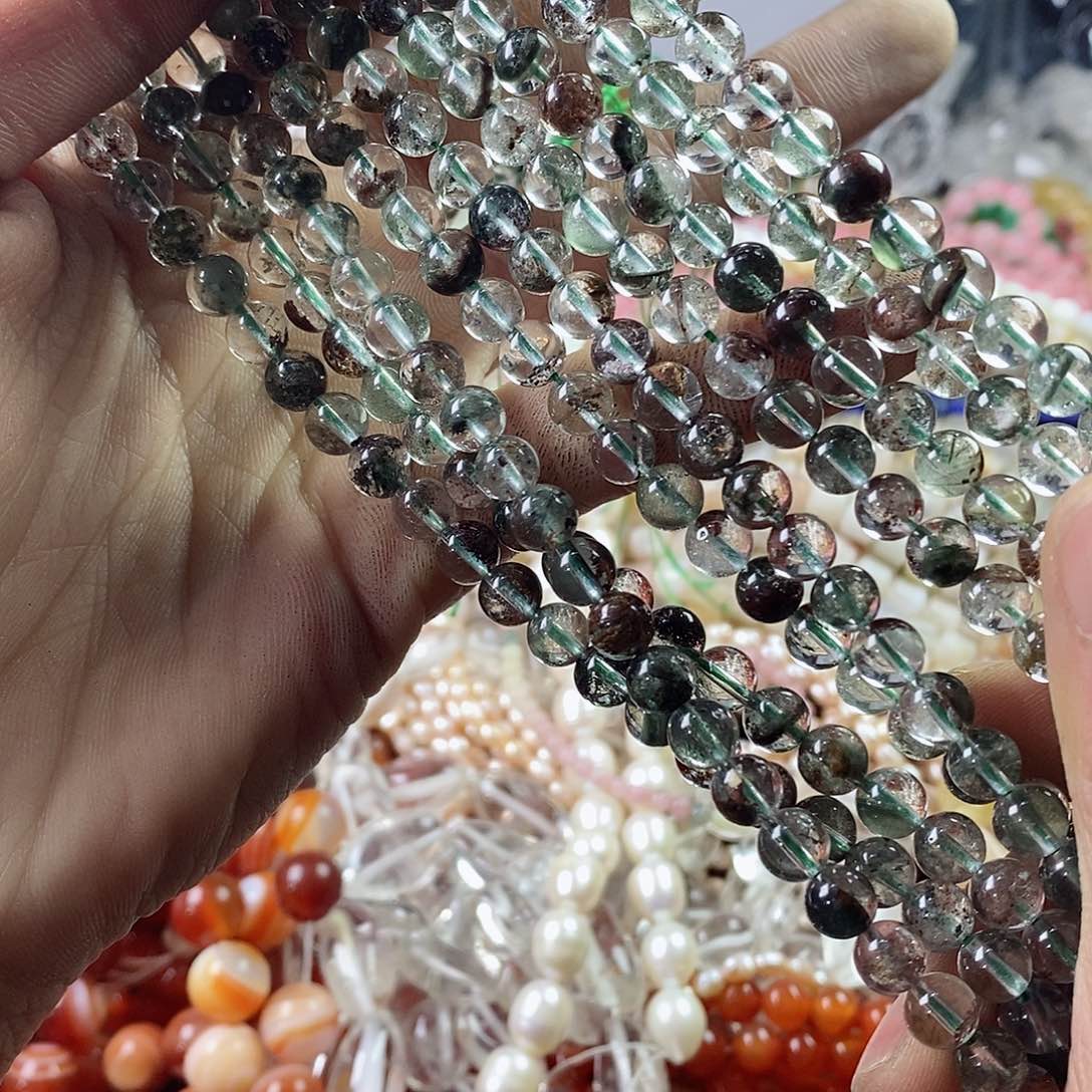 玛瑙/玉髓珠宝半成品未镶嵌一条天然6.5mm绿幽灵水晶圆珠