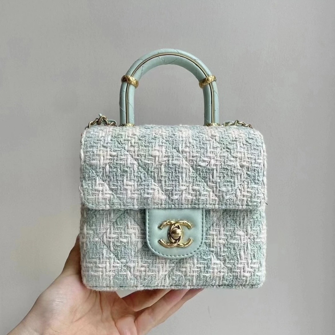 99新 Chanel/香奈儿 7姐专场/23S 薄荷绿毛呢手柄包