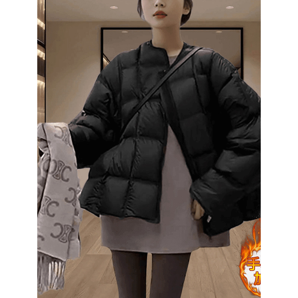黄色圆领减龄秋冬季韩版纯色棉服女时尚高级感加厚保暖棉衣棉外套