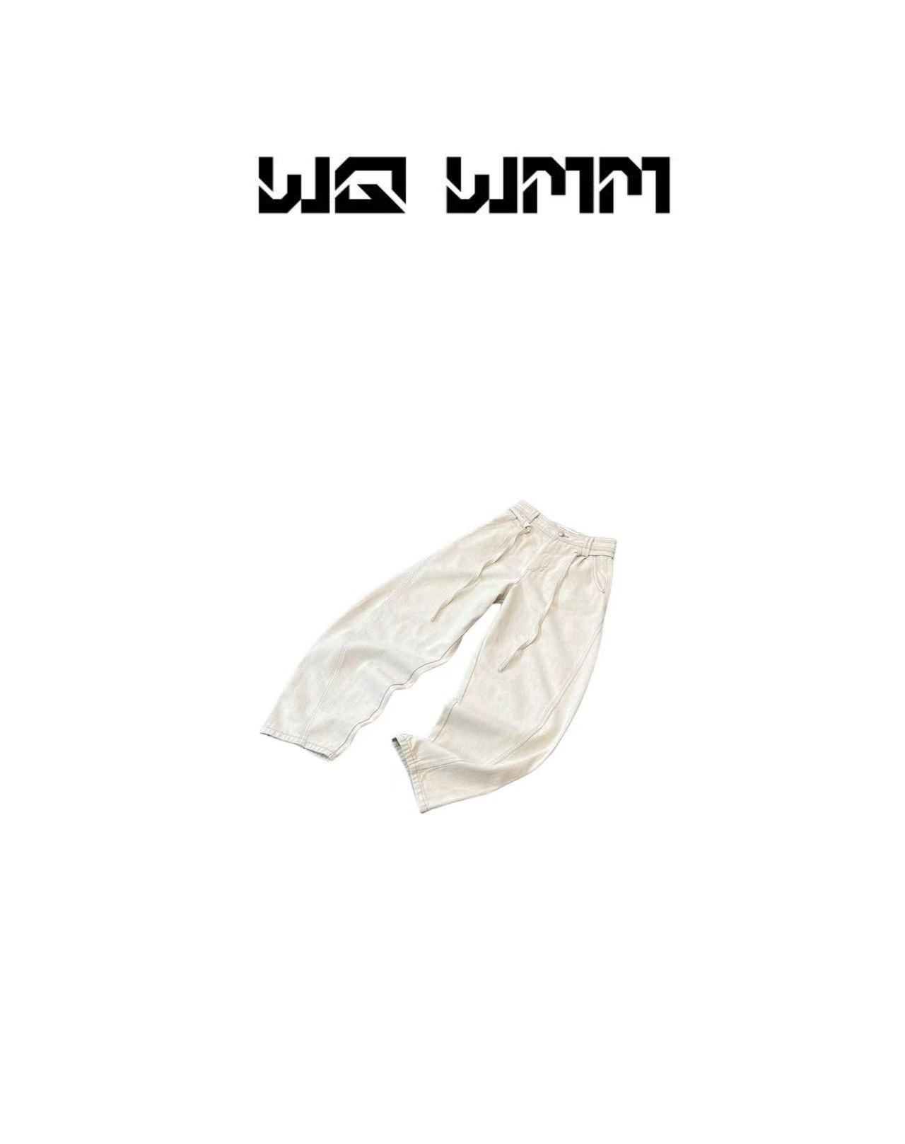 【WQWMM】小众设计秋款腰绳做旧灰白显瘦窄版弯刀牛仔裤25A90205