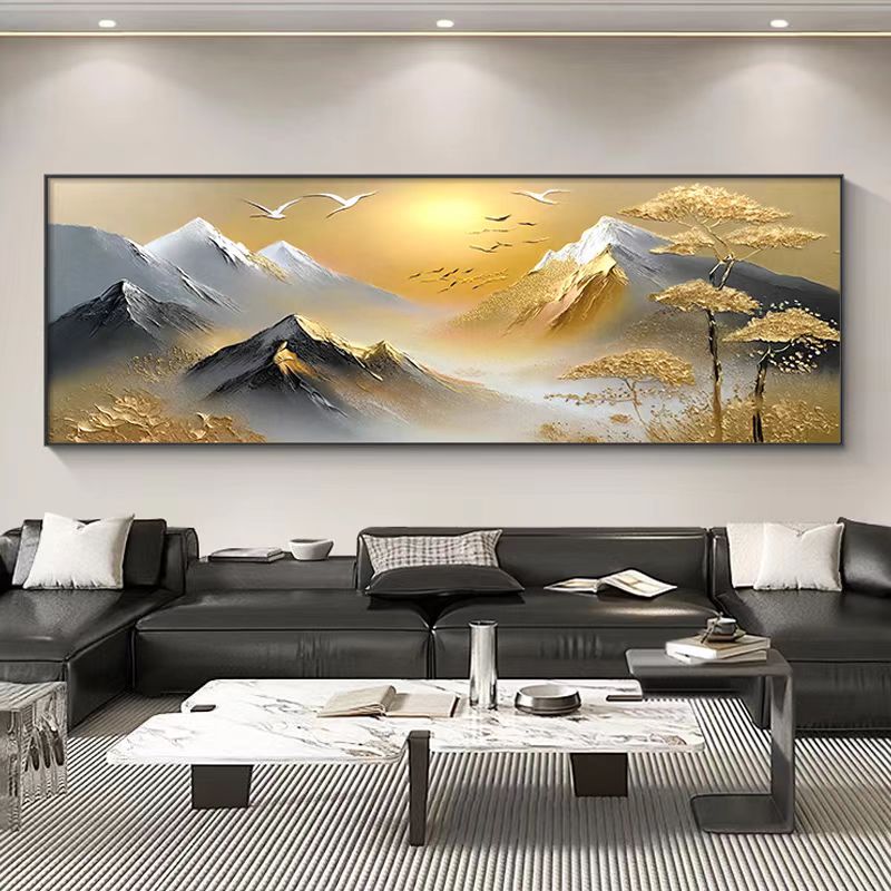 日出背有靠山高级感横版客厅沙发背景墙手工镶钻装饰金山壁画